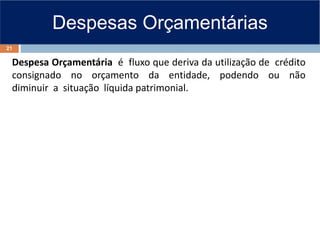 Despesas Orçamentárias
Despesa Orçamentária é fluxo que deriva da utilização de crédito
consignado no orçamento da entidade, podendo ou não
diminuir a situação líquida patrimonial.
21
 