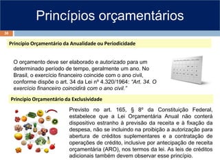 Princípios orçamentários
Princípio Orçamentário da Anualidade ou Periodicidade
O orçamento deve ser elaborado e autorizado para um
determinado período de tempo, geralmente um ano. No
Brasil, o exercício financeiro coincide com o ano civil,
conforme dispõe o art. 34 da Lei nº 4.320/1964: “Art. 34. O
exercício financeiro coincidirá com o ano civil.”
Princípio Orçamentário da Exclusividade
Previsto no art. 165, § 8º da Constituição Federal,
estabelece que a Lei Orçamentária Anual não conterá
dispositivo estranho à previsão da receita e à fixação da
despesa, não se incluindo na proibição a autorização para
abertura de créditos suplementares e a contratação de
operações de crédito, inclusive por antecipação de receita
orçamentária (ARO), nos termos da lei. As leis de créditos
adicionais também devem observar esse princípio.
38
 