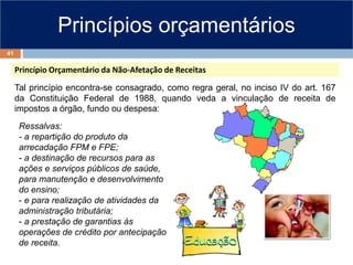 Princípios orçamentários
Tal princípio encontra-se consagrado, como regra geral, no inciso IV do art. 167
da Constituição Federal de 1988, quando veda a vinculação de receita de
impostos a órgão, fundo ou despesa:
Princípio Orçamentário da Não-Afetação de Receitas
Ressalvas:
- a repartição do produto da
arrecadação FPM e FPE;
- a destinação de recursos para as
ações e serviços públicos de saúde,
para manutenção e desenvolvimento
do ensino;
- e para realização de atividades da
administração tributária;
- a prestação de garantias às
operações de crédito por antecipação
de receita.
41
 