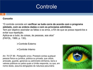Controle
Conceito
“O controle consiste em verificar se tudo corre de acordo com o programa
adotado, com as ordens dadas e com os princípios admitidos.
Tem por objetivo assinalar as faltas e os erros, a fim de que se possa repará-los e
evitar sua repetição.
Aplica-se a tudo; às coisas, às pessoas, aos atos”
(FAYOL, 1989, p. 130).
Controle Externo
Controle Interno
59
Art. 70 CF 88 - Parágrafo único. Prestará contas qualquer
pessoa física ou jurídica, pública ou privada, que utilize,
arrecade, guarde, gerencie ou administre dinheiros, bens e
valores públicos ou pelos quais a União responda, ou que, em
nome desta, assuma obrigações de natureza pecuniária
 