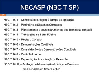 NBC T 16.1 – Conceituação, objeto e campo de aplicação
NBC T 16.2 – Patrimônio e Sistemas Contábeis
NBC T 16.3 – Planejamento e seus instrumentos sob o enfoque contábil
NBC T 16.4 – Transações no Setor Público
NBC T 16.5 – Registro Contábil
NBC T 16.6 – Demonstrações Contábeis
NBC T 16.7 – Consolidação das Demonstrações Contábeis
NBC T 16.8 – Controle Interno
NBC T 16.9 – Depreciação, Amortização e Exaustão
NBC T 16.10 – Avaliação e Mensuração de Ativos e Passivos
em Entidades do Setor Público
67
 