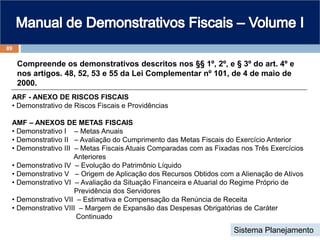 Compreende os demonstrativos descritos nos §§ 1º, 2º, e § 3º do art. 4º e
nos artigos. 48, 52, 53 e 55 da Lei Complementar nº 101, de 4 de maio de
2000.
ARF - ANEXO DE RISCOS FISCAIS
• Demonstrativo de Riscos Fiscais e Providências
AMF – ANEXOS DE METAS FISCAIS
• Demonstrativo I – Metas Anuais
• Demonstrativo II – Avaliação do Cumprimento das Metas Fiscais do Exercício Anterior
• Demonstrativo III – Metas Fiscais Atuais Comparadas com as Fixadas nos Três Exercícios
Anteriores
• Demonstrativo IV – Evolução do Patrimônio Líquido
• Demonstrativo V – Origem de Aplicação dos Recursos Obtidos com a Alienação de Ativos
• Demonstrativo VI – Avaliação da Situação Financeira e Atuarial do Regime Próprio de
Previdência dos Servidores
• Demonstrativo VII – Estimativa e Compensação da Renúncia de Receita
• Demonstrativo VIII – Margem de Expansão das Despesas Obrigatórias de Caráter
Continuado
89
Sistema Planejamento
 