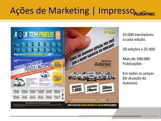 Ações de Marketing | Impresso 
25.000 exemplares 
a cada edição. 
20 edições x 25.000 
Mais de 500.000 
Publicações 
Em todas as praças 
De atuação da 
Automec 
 