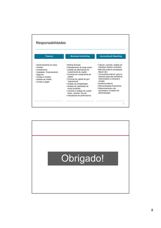 Responsabilidades


           Treasury               Business Controlling             Accounting & Reporting



• Gerenciamento do caixa      • Rolling forecast                • Cálculo, controle, análise de
• Cambio                      • Planejamento de longo prazo       impostos diretos e indiretos
• Investimento                • Análise de alternativas de      • Mercado externo (Drawback,
• Captação / financiamento      investimento de capital           Bacen etc)
• Seguros                     • Controle do investimento de     • “Consultoria interna” para os
• Contas a receber              capital                           diversos assuntos tributários,
• Análise de crédito          • Controle do capital de giro       relacionados a compras e
• Contas a pagar                “operacional”                     vendas
                              • Análise da rentabilidade        • A dit i externa
                                                                  Auditoria t
                              • Análise de viabilidade de       • Demonstrações financeiras
                                novos produtos                  • Relacionamento com
                              • Controle e análise de custos:     acionistas e conselho de
                                direto, variável, fixo etc        administração
                              • Indicadores de performance



                                                                                               15




                             Obrigado!




                                                                                                    8
 