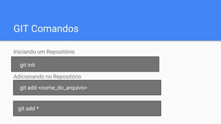 GIT Comandos
Iniciando um Repositório
Adicionando no Repositório
git init
git add <nome_do_arquivo>
git add *
 