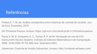 Referências
Freitas D. T. M. de: Análise comparativa entre sistemas de controle de versões. Juiz
de Fora. Dezembro, 2010
Git: Primeiros Passos: Acesso: https://git-scm.com/book/pt-br/v1/Primeiros-passos
Paiva, D. M. B: Junqueira, D. C.: Fortes, R. P. de M: Introdução ao uso de CVS
(Concurrent Version System). Instituto de Ciências Matemáticas e de Computação.
ISSN - 0103-2585. Nº 55, Mês-Ano: Setembro/2002.
Subversion: Controle de Versão Subversion. Acesso: http://svnbook.red-bean.com/
 