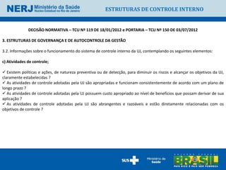 ESTRUTURAS DE CONTROLE INTERNO


              DECISÃO NORMATIVA – TCU Nº 119 DE 18/01/2012 e PORTARIA – TCU Nº 150 DE 03/07/2012

3. ESTRUTURAS DE GOVERNANÇA E DE AUTOCONTROLE DA GESTÃO

3.2. Informações sobre o funcionamento do sistema de controle interno da UJ, contemplando os seguintes elementos:

c) Atividades de controle;

 Existem políticas e ações, de natureza preventiva ou de detecção, para diminuir os riscos e alcançar os objetivos da UJ,
claramente estabelecidas ?
 As atividades de controle adotadas pela UJ são apropriadas e funcionam consistentemente de acordo com um plano de
longo prazo ?
 As atividades de controle adotadas pela UJ possuem custo apropriado ao nível de benefícios que possam derivar de sua
aplicação ?
 As atividades de controle adotadas pela UJ são abrangentes e razoáveis e estão diretamente relacionadas com os
objetivos de controle ?
 