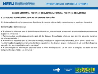 ESTRUTURAS DE CONTROLE INTERNO


              DECISÃO NORMATIVA – TCU Nº 119 DE 18/01/2012 e PORTARIA – TCU Nº 150 DE 03/07/2012

3. ESTRUTURAS DE GOVERNANÇA E DE AUTOCONTROLE DA GESTÃO

3.2. Informações sobre o funcionamento do sistema de controle interno da UJ, contemplando os seguintes elementos:

d) Informação e Comunicação; e

 A informação relevante para UJ é devidamente identificada, documentada, armazenada e comunicada tempestivamente
às pessoas adequadas ?
 As informações consideradas relevantes pela UJ são dotadas de qualidade suficiente para permitir ao gestor tomar as
decisões apropriadas ?
 A informação disponível para as unidades internas e pessoas da UJ é apropriada, tempestiva, atual, precisa e acessível ?
A Informação divulgada internamente atende às expectativas dos diversos grupos e indivíduos da UJ, contribuindo para a
execução das responsabilidades de forma eficaz ?
 A comunicação das informações perpassa todos os níveis hierárquicos da UJ, em todas as direções, por todos os seus
componentes e por toda a sua estrutura ?
 