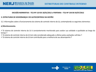 ESTRUTURAS DE CONTROLE INTERNO


             DECISÃO NORMATIVA – TCU Nº 119 DE 18/01/2012 e PORTARIA – TCU Nº 150 DE 03/07/2012

3. ESTRUTURAS DE GOVERNANÇA E DE AUTOCONTROLE DA GESTÃO

3.2. Informações sobre o funcionamento do sistema de controle interno da UJ, contemplando os seguintes elementos:

e) Monitoramento.

 O sistema de controle interno da UJ é constantemente monitorado para avaliar sua validade e qualidade ao longo do
tempo ?
 O sistema de controle interno da UJ tem sido considerado adequado e efetivo pelas avaliações sofridas ?
 O sistema de controle interno da UJ tem contribuído para a melhoria de seu desempenho ?
 