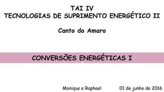 TAI IV
TECNOLOGIAS DE SUPRIMENTO ENERGÉTICO II
Canto do Amaro
Monique e Raphael 01 de junho de 2016
CONVERSÕES ENERGÉTICAS I
 