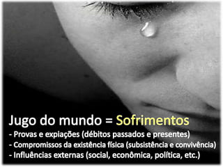 Jugo do mundo = Sofrimentos- Provas e expiações (débitos passados e presentes)- Compromissos da existência física (subsistência e convivência)- Influências externas (social, econômica, política, etc.) 