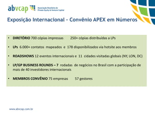 Exposição Internacional – Convênio APEX em Números


• DIRETÓRIO 700 cópias impressas     250+ cópias distribuídas a LPs

• LPs 6.000+ contatos mapeados e 178 disponibilizados via hotsite aos membros

• ROADSHOWS 12 eventos internacionais e 2009-2011
                                        11 cidades visitadas globais (NY, LON, DC)

• LP/GP BUSINESS ROUNDS – 7 rodadas de negócios no Brasil com a participação de
  mais de 40 investidores internacionais

• MEMBROS CONVÊNIO 75 empresas          57 gestores




www.abvcap.com.br
 