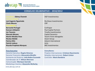 CONSELHO DELIBERATIVO – 2010/2012

Presidente: Sidney Chameh                       DGF Investimentos
Vice-presidentes:
Luiz Eugenio Figueiredo                         Rio Bravo Investimentos
Clovis Meurer                                   CRP
Conselheiros:
Bernardo Portugal                               Confrapar
Duncan Littlejohn                               Paul Capital Partners
Jon Toscano                                     Trivella Investimentos
Marcelo Moraes                                  Capital Dynamics
Martin Miralles Pose                            Tozzini Freire Advogados
Nicolas Wollak                                  Axxon Group
Patrice Etlin                                   Advent International
Patrick Ledoux                                  Actis
Ricardo Propheta Marques                        BRZ Investimentos

Área Executiva                                  Consultores:
Gerente Executiva: Ângela Ximenes               Projetos Internacionais: Cristiane Nascimento
Gerente Financeira: Alessandra Mindlin          Relações Internacionais: Robert Linton
Assistente de Diretoria: Leila Nobre Escovedo   Controller: Mario Bandeira
Coordenador de TI: Wilson Morrone
Comunicação: Monique Azeredo
Marketing e Eventos: Alexandra McDarby
www.abvcap.com.br
 