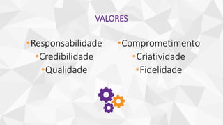 VALORES
•Responsabilidade
•Credibilidade
•Qualidade
•Comprometimento
•Criatividade
•Fidelidade
 