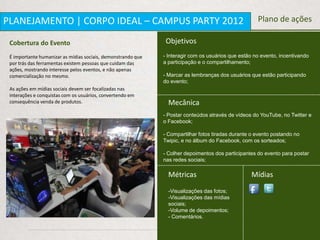 PLANEJAMENTO | CORPO IDEAL – CAMPUS PARTY 2012                                                       Plano de ações

 Cobertura do Evento                                           Objetivos
 É importante humanizar as mídias sociais, demonstrando que   - Interagir com os usuários que estão no evento, incentivando
 por trás das ferramentas existem pessoas que cuidam das      a participação e o compartilhamento;
 ações, mostrando interesse pelos eventos, e não apenas
 comercialização no mesmo.                                    - Marcar as lembranças dos usuários que estão participando
                                                              do evento;
 As ações em mídias sociais devem ser focalizadas nas
 interações e conquistas com os usuários, convertendo em
 consequência venda de produtos.                                Mecânica
                                                              - Postar conteúdos através de vídeos do YouTube, no Twitter e
                                                              o Facebook;

                                                              - Compartilhar fotos tiradas durante o evento postando no
                                                              Twipic, e no álbum do Facebook, com os sorteados;

                                                              - Colher depoimentos dos participantes do evento para postar
                                                              nas redes sociais;

                                                                Métricas                          Mídias
                                                                -Visualizações das fotos;
                                                                -Visualizações das mídias
                                                                sociais;
                                                                -Volume de depoimentos;
                                                                - Comentários.
 