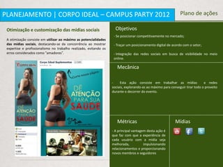 PLANEJAMENTO | CORPO IDEAL – CAMPUS PARTY 2012                                                                 Plano de ações

 Otimização e customização das mídias sociais                        Objetivos
                                                                    - Se posicionar competitivamente no mercado;
 A otimização consiste em utilizar ao máximo as potencialidades
 das mídias sociais, destacando-se da concorrência ao mostrar       - Traçar um posicionamento digital de acordo com o setor;
 expertise e profissionalismo no trabalho realizado, evitando os
 erros considerados como “amadores”.                                - Integração das redes sociais em busca de visibilidade no meio
                                                                    online.

                                                                      Mecânica

                                                                   -    Esta ação consiste em trabalhar as mídias              e redes
                                                                   sociais, explorando-as ao máximo para conseguir tirar todo o proveito
                                                                   durante o decorrer do evento.




                                                                      Métricas                              Mídias
                                                                   - A principal vantagem desta ação é
                                                                   que faz com que a experiência de
                                                                   cada usuário com a mídia seja
                                                                   melhorada,           impulsionando
                                                                   relacionamentos e proporcionando
                                                                   novos membros e seguidores
 