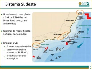 Sistema Sudeste

Licenciamento para planta
a GNL de 3.300MW no
Super Porto do Açu em
andamento;

Terminal de regaseificação
no Super Porto do Açu;


Sinergias OGX:
   Projetos integrados de GN;
   Desenvolvimento de
   projetos no RJ, SP e ES;
   Identificação de sites
   estratégicos.


                                1
                                8
 