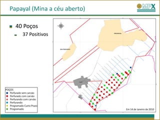 Papayal (Mina a céu aberto)

  40 Poços
    37 Positivos




                              Em 14 de Janeiro de 2010
 