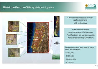 Minério de Ferro no Chile: qualidade & logística



                                                      4 direitos minerários (2 aquisições e
                                                               opções de compra)
                                                                 USD 44,5 milhões
                Patrícia

                                                            50 km da costa chilena
               Bella
                                                       aproximadamente 1.760 hectares
                                                     Pellet Feed com alto teor de magnetita
                                                       Ferroviária existente (FERRONOR)
    Fortuna-
    Fierro


                                                   Testes preliminares realizados na planta
                                                   piloto de Ouro Preto:
                                                   -Fe: 67,50%
       Teatino                                     - SiO2: 2,5%
       s
                                                   - Al2O3: 0,85%
                                                   - P: 0,015%
                                                                                              16 7
 