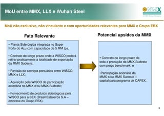 MoU entre MMX, LLX e Wuhan Steel

MoU não exclusivo, não vinculante e com oportunidades relevantes para MMX e Grupo EBX

             Fato Relevante                         Potencial upsides da MMX

  • Planta Siderúrgica integrada no Super
  Porto do Açu com capacidade de 5 MM tpa;

  • Contrato de longo prazo onde a WISCO poderá
  retirar praticamente a totalidade de exportação
                                                    • Contrato de longo prazo de
  da MMX Sudeste;                                   toda a produção da MMX Sudeste
                                                    com preço benchmark; e
  • Revisão de serviços portuários entre WISCO,
                                                    •Participação acionária da
  MMX e LLX;
                                                    MMX e/ou MMX Sudeste –
  • Aquisição pela WISCO de participação            capital para programa de CAPEX.
  acionária na MMX e/ou MMX Sudeste;

  • Fornecimento de produtos siderúrgicos pela
  WISCO para a BEX (Brasil Estaleiros S.A –
  empresa do Grupo EBX).

                                                                                        6
 