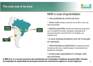 The only one of its kind

                                                 MMX e suas singularidades:
                                                    alta qualidade do minério de ferro;
                                                    baixo custo, devido ao alto teor de minério in situ e de
                                                 alta produtividade;
  Sistema                                                                            MMX Sudeste
  Corumbá                             Sistema
                                                   logística garantida, através de acordos de longo prazo
                                      Sudeste    com o transporte ferroviário, barcaças e prestadores de
                                                 serviços portuários, incluindo Porto LLX Sudeste, sua
                                                 empresa irmã;

 MMX de                                           a única empresa brasileira júnior de mineração
  Chile
                                                 em operação;
                                                    Administradores experientes em selecionar ativos
                                                 minerais de alto valor, implementação e funcionamento de
                                                 projetos de mineração;

                                                  comprovada capacidade em entregar valor
                                                 aos acionistas.
A MMX S.A. é o veículo exclusivo de investimento em mineração e metálicos do grupo EBX, focando
na ampliação da capacidade de produção através de crescimento orgânico e novos negócios.                       6
 