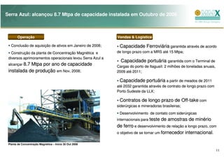 Serra Azul: alcançou 8.7 Mtpa de capacidade instalada em Outubro de 2008



       Operação                                            Vendas & Logística

   Conclusão de aquisição de ativos em Janeiro de 2008;
                aquisiç                                     Capacidade Ferroviária garantida através de acordo
                                                                                             atravé
   Construção da planta de Concentração Magnética e
   Construç                Concentraç Magné                de longo prazo com a MRS até 15 Mtpa;
                                                                                    até    Mtpa;
 diversos aprimoramentos operacionais levou Serra Azul a
                                                             Capacidade portuária garantida com o Terminal de
 alcançar 8.7
 alcanç     Mtpa por ano de capacidade                     Cargas do porto de Itaguaít: 2 milhões de toneladas anuais,
                                                                              Itaguaí
 instalada de produção em Nov, 2008;
                          Nov,                             2009 até 2011;
                                                                até

                                                            Capacidade portuária a partir de meados de 2011
                                                           até 2032 garantida através de contrato de longo prazo com
                                                           até                atravé
                                                           Porto Sudeste da LLX;

                                                            Contratos de longo prazo de Off-take com
                                                           siderúrgicas e mineradoras brasileiras;
                                                           siderú
                                                            Desenvolvimento de contato com siderúrgicas
                                                                                           siderú
                                                           internacionais para teste   de amostras de minério
                                                           de ferro e desenvolvimento de relação a longo prazo, com
                                                                                           relaç
                                                           o objetivo de se tornar um fornecedor internacional.

 Planta de Concentração Magnética – Início 30 Out 2008

                                                                                                                         11
 