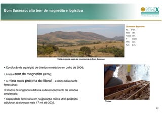 Bom Sucesso: alto teor de magnetita e logística



                                                                                                     Qualidade Esperada:
                                                                                                     Fe:     67.2%
                                                                                                     SiO2:   2.5%
                                                                                                     AL2O3: 0.5%

                                                                                                     P:       0.033%
                                                                                                     PPC:     0.6%
                                                                                                     FeO:     8.8%




                                          Vista da costa oeste da montanha de Bom Sucesso



 Conclusão da aquisição de direitos minerários em Julho de 2008;
              aquisiç               minerá

 Unique teor   de magnetita (30%);
  A mina mais   próxima do litoral – 240km (baixa tarifa
ferroviária);
ferroviá
 Estudos de engenharia básica e desenvolvimento de estudos
                       bá
ambientais;
 Capacidade ferroviária em negociação com a MRS podendo
              ferroviá      negociaç
                                                                                            Testes
adicionar ao contrato mais 17 mt até 2032.
                                 até

                                                                                                                           12
 