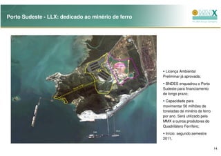 Porto Sudeste - LLX: dedicado ao minério de ferro




                                                     Licença Ambiental
                                                    Preliminar já aprovada;
                                                     BNDES enquadrou o Porto
                                                    Sudeste para financiamento
                                                    de longo prazo;
                                                      Capacidade para
                                                    movimentar 50 milhões de
                                                    toneladas de minério de ferro
                                                    por ano. Será utilizado pela
                                                    MMX e outros produtores do
                                                    Quadrilátero Ferrífero;
                                                     Início: segundo semestre
                                                    2011.

                                                                                    14
 