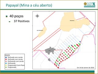 Papayal (Mina a céu aberto)

  40 poços
    37 Positivos




                              Em 14 de Janeiro de 2010
 