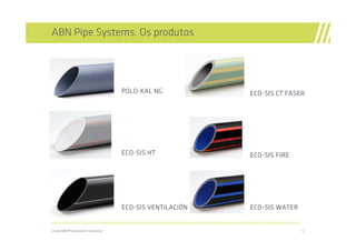 ABN Pipe Systems. Os produtos




                                             POLO-
                                             POLO -KAL NG                                                                        ECO-
                                                                                                                                 ECO -SIS CT FASER




                                             ECO-
                                             ECO -SIS HT                                                                         ECO-
                                                                                                                                 ECO -SIS FIRE




                                             ECO-
                                             ECO -SIS VENTILACIÓ N
                                                      VENTILACIÓ                                                                 ECO-
                                                                                                                                 ECO -SIS WATER

//////////////////////////////////////////////////////////////////////////////////////////////////////////////////////////////////////////////////////////////////

Grupo ABN/Presentación corporativa                                                                                                                                   12
 