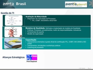 Gestão de TI
                         Avaliação da Maturidade
                         • Diagnóstico da maturidade de Processos
                               • ITIL, COBIT, ISO20000 e ISO27000



                         Modelos de Qualidade. Definição e implantação de modelos de Qualidade:
                         • Políticas, Processos, procedimentos, matriz de responsabilidades, indicadores
                         • Ferramentas de suporte
                         • Modelo da organização


                         Capacitação
                         • Treinamentos orientados à grade oficial de certificação ITIL, COBIT, ISO 20000 e ISO
                           27000
                         • Treinamentos, simulações e workshops práticos
                         • Coaching de processos




 Alianças Estratégicas
                          Pink Elephant



                                                                                                    © 2011 Aventia   Pág. 13
 