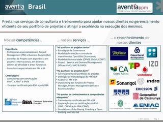 Prestamos serviços de consultoria e treinamento para ajudar nossos clientes no gerenciamento
eficiente de seu portfólio de projetos e atingir a excelência na execução dos mesmos.

                                                                                             … o reconhecimento de
 Nossas competências…                         … nossos serviços …
                                                                                                nossos clientes
                                              “Há que fazer os projetos certos”
 Experiência
                                              • Estratégias de Governance
 - Profissionais especializados em Project
                                              • Modelos de seleção e controle de
   Management (PM) e Business Analysis (BA)
                                                investimentos / portfólio (Scorecards)
 - Gerentes de Projeto com experiência em     • Modelos de maturidade (OPM3, CMMI, COBIT)
   projetos internacionais, em diversos       • Project , Service and Demand Management
   setores de atividade e áreas funcionais      Offices (PMO, SMO & DMO)
 - Consultoria especializada em PM e BA
                                              “Há que fazer os projetos bem”
                                              • Gerenciamento de portfólios de projetos
 Certificações                                • Definição de metodologias de PM e BA
 - Consultores com certificações              • Auditorias PM e BA
   PMP®, CAPM® e IPMA                         • Outsourcing das funções de Project
 - Empresa certificada pelo PMI e pelo IIBA     Manager, Project Management Officer e
                                                Business Analyst

                                              “Há que ter os conhecimentos e competências
                                              adequados”
                                              • Treinamento certificado em PM e BA
                                              • Preparação para as certificações do PMI
                                                (PMP, CAPM) e do IIBA (CBAP)
                                                                                             U NIVERSIDADE DE C OIMBRA
                                              • Simuladores, Role-Playing, Coaching e Team
                                                Building em PM e BA

                                                                                                                         © 2011 Aventia   Pág. 5
 