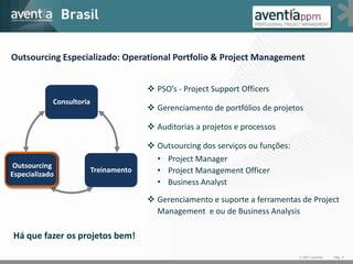 Outsourcing Especializado: Operational Portfolio & Project Management


                                         PSO’s - Project Support Officers
            Consultoria
                                         Gerenciamento de portfólios de projetos

                                         Auditorias a projetos e processos

                                         Outsourcing dos serviços ou funções:
                                          • Project Manager
 Outsourcing
Especializado
                          Treinamento     • Project Management Officer
                                          • Business Analyst
                                         Gerenciamento e suporte a ferramentas de Project
                                          Management e ou de Business Analysis

Há que fazer os projetos bem!

                                                                                 © 2011 Aventia   Pág. 9
 