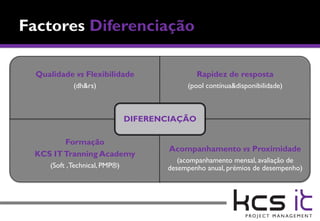 Qualidade vs Flexibilidade                    Rapidez de resposta
           (dh&rs)                        (pool contínua&disponibilidade)



                              DIFERENCIAÇÃO

       Formação
                                      Acompanhamento vs Proximidade
KCS IT Tranning Academy
                                        (acompanhamento mensal, avaliação de
   (Soft , Technical, PMP®)          desempenho anual, prémios de desempenho)
 