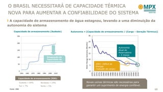 O BRASIL NECESSITARÁ DE CAPACIDADE TÉRMICA
NOVA PARA AUMENTAR A CONFIABILIDADE DO SISTEMA
 A capacidade de armazenamento de água estagnou, levando a uma diminuição da
autonomia do sistema
     Capacidade de armazenamento (Sudeste)         Autonomia = [Capacidade de armazenamento / (Carga – Geração Térmica)]




                                                                                           Autonomia
                                                                                           Atual do
                                                                                           Reservatório
                                                                                           ~ 5 meses
                                   Estagnação da
                                   Capacidade de
                                  Armazenamento
                                                                      2001: Déficit de
                                                                      Energia
                                                                      (redução de carga)



          Capacidade de armazenamento (SIN):

              Sudeste = 69%   Nordeste = 19%                   Novas usinas térmicas são necessárias para
              Sul = 7%        Norte = 5%                       garantir um suprimento de energia confiável.
 Fonte: ONS                                                                                                          12
 