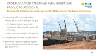 OPORTUNIDADES ATRATIVAS PARA MONETIZAR
  PRODUÇÃO ADICIONAL
  Integração Eficiente de Recursos de Gás Natural com Produção de Energia


Usina termelétrica localizada a
menos de 2 Km dos campos de gás
 2,2 GW licenciados e ainda não
  contratados irão demandar mais de 11
  MM m3/dia

 Baixo custo de conexão à rede elétrica

Competição limitada no gás natural

Benefícios fiscais na região podem
atrair investimentos industriais com
gás disponível

                                                                            28
 