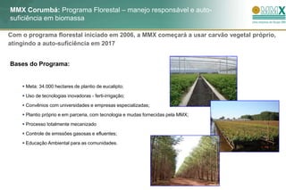 MMX Corumbá: Programa Florestal – manejo responsável e auto-
suficiência em biomassa

Com o programa florestal iniciado em 2006, a MMX começará a usar carvão vegetal próprio,
atingindo a auto-suficiência em 2017


Bases do Programa:


     Meta: 34.000 hectares de plantio de eucalipto;
     Uso de tecnologias inovadoras - ferti-irrigação;
     Convênios com universidades e empresas especializadas;
     Plantio próprio e em parceria, com tecnologia e mudas fornecidas pela MMX;
     Processo totalmente mecanizado
     Controle de emissões gasosas e efluentes;
     Educação Ambiental para as comunidades.
 