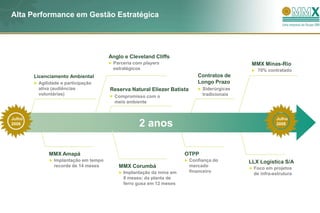 Alta Performance em Gestão Estratégica




                                      Anglo e Cleveland Cliffs
                                       Parceria com players                                  MMX Minas-Rio
                                       estratégicos                                            70% contratado
        Licenciamento Ambiental                                            Contratos de
         Agilidade e participação                                          Longo Prazo
         ativa (audiências            Reserva Natural Eliezer Batista        Siderúrgicas
         voluntárias)                                                        tradicionais
                                        Compromisso com o
                                        meio ambiente


Julho                                                                                                  Julho
2006                                              2 anos                                               2008




             MMX Amapá                                              OTPP
               Implantação em tempo                                     Confiança do        LLX Logística S/A
               recorde de 14 meses       MMX Corumbá                    mercado
                                                                                             Foco em projetos
                                           Implantação da mina em       financeiro
                                                                                             de infra-estrutura
                                           8 meses; da planta de
                                           ferro gusa em 12 meses
 