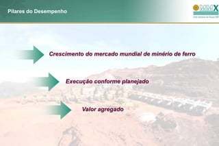 Pilares do Desempenho




              Crescimento do mercado mundial de minério de ferro



                    Execução conforme planejado



                         Valor agregado
 