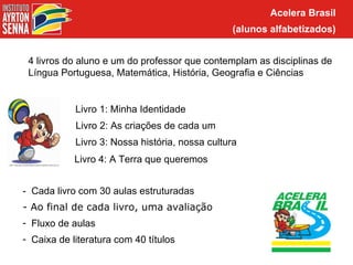 Acelera Brasil
                                                 (alunos alfabetizados)
                                                           Acelera Brasil
                                       Alunos defasados (alfabetizados)
 4 livros do aluno e um do professor que contemplam as disciplinas de
 Língua Portuguesa, Matemática, História, Geografia e Ciências


            Livro 1: Minha Identidade
            Livro 2: As criações de cada um
            Livro 3: Nossa história, nossa cultura
            Livro 4: A Terra que queremos


- Cada livro com 30 aulas estruturadas
- Ao final de cada livro, uma avaliação
- Fluxo de aulas
- Caixa de literatura com 40 títulos
 