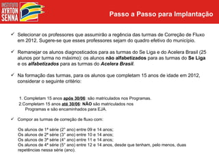 Passo a Passo para Implantação

 Selecionar os professores que assumirão a regência das turmas de Correção de Fluxo
  em 2012. Sugere-se que esses professores sejam do quadro efetivo do município.

 Remanejar os alunos diagnosticados para as turmas do Se Liga e do Acelera Brasil (25
  alunos por turma no máximo): os alunos não alfabetizados para as turmas do Se Liga
  e os alfabetizados para as turmas do Acelera Brasil.

 Na formação das turmas, para os alunos que completam 15 anos de idade em 2012,
  considerar o seguinte critério:


   1. Completam 15 anos após 30/06: são matriculados nos Programas.
   2.Completam 15 anos até 30/06: NÃO são matriculados nos
      Programas e são encaminhados para EJA.

 Compor as turmas de correção de fluxo com:

   Os alunos de 1ª série (2° ano) entre 09 e 14 anos;
   Os alunos de 2ª série (3° ano) entre 10 e 14 anos;
   Os alunos de 3ª série (4° ano) entre 11 e 14 anos;
   Os alunos de 4ª série (5° ano) entre 12 e 14 anos, desde que tenham, pelo menos, duas
   repetências nessa série (ano).
 