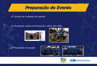 Preparação do Evento 
Compra de materiais de suporte; 
Divulgação, ações promocionais e plano de mídia; 
Preparação da equipe. 
 