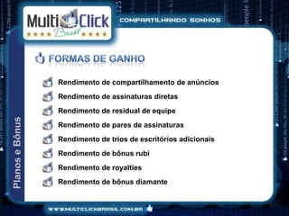 Rendimento de compartilhamento de anúncios
Rendimento de assinaturas diretas
Rendimento de residual de equipe
Rendimento de pares de assinaturas
Rendimento de trios de escritórios adicionais
Rendimento de bônus rubi
Rendimento de royalties
Rendimento de bônus diamante
 