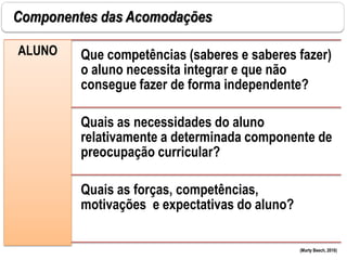 Componentes das Acomodações
(Marty Beech, 2010)
ALUNO Que competências (saberes e saberes fazer)
o aluno necessita integrar e que não
consegue fazer de forma independente?
Quais as necessidades do aluno
relativamente a determinada componente de
preocupação curricular?
Quais as forças, competências,
motivações e expectativas do aluno?
 