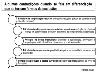 (Roldão 2003)
Princípio da simplificação-redução (alterações/reduções porque se considera que
não são capazes);
Princípio da adequação às características dos alunos (redução de objetivos
– reforço em determinadas áreas em detrimento de competências académicas);
Princípio do défice institucional (valorizar a socialização, afetividade e
respeito pela multiculturalidade dissociada da prática curricular;
Princípio da compensação quantitativa (apoios em quantidade vs apoios em
qualidade);
Princípio da produção e gestão curricular pelos profissionais (défices ao nível da
formação)
Algumas contradições quando se fala em diferenciação
que se tornam formas de exclusão:
 