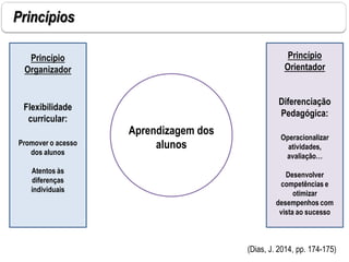 Aprendizagem dos
alunos
Flexibilidade
curricular:
Promover o acesso
dos alunos
Atentos às
diferenças
individuais
Princípio
Organizador
Diferenciação
Pedagógica:
Operacionalizar
atividades,
avaliação…
Desenvolver
competências e
otimizar
desempenhos com
vista ao sucesso
Princípio
Orientador
(Dias, J. 2014, pp. 174-175)
Princípios
 