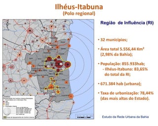 • 32 municípios;
• Área total 5.556,44 Km²
(2,98% da Bahia);
• População: 855.933hab;
- Ilhéus-Itabuna: 83,65%
do total da RI;
• 671.384 hab (urbana);
• Taxa de urbanização: 78,44%
(das mais altas do Estado).
Estudo da Rede Urbana da Bahia
Região de Influência (RI)
Ilhéus-Itabuna
(Polo regional)
 