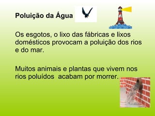 Poluição da Água Os esgotos, o lixo das fábricas e lixos domésticos provocam a poluição dos rios e do mar.  Muitos animais e plantas que vivem nos rios poluídos  acabam por morrer. 