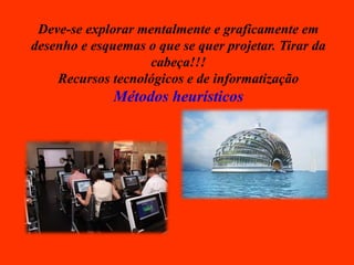 Deve-se explorar mentalmente e graficamente em
desenho e esquemas o que se quer projetar. Tirar da
cabeça!!!
Recursos tecnológicos e de informatização
Métodos heurísticos
 