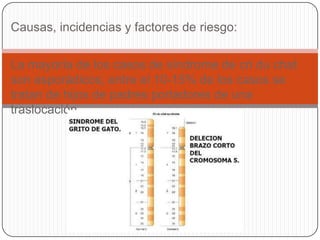 Causas, incidencias y factores de riesgo:


La mayoría de los casos de síndrome de cri du chat
son esporádicos; entre el 10-15% de los casos se
tratan de hijos de padres portadores de una
traslocación.
 